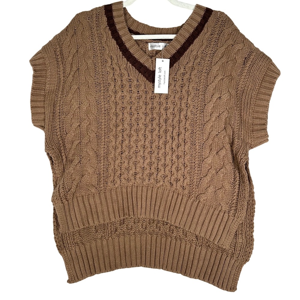 MyStyle Loft Tan Short-Sleeved High Low Sweater V-Neck Women's Size XL NWT